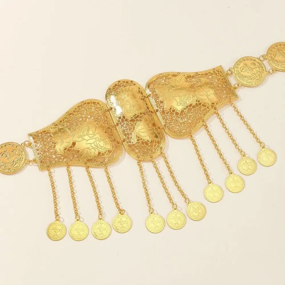 Ornate Haniya Belt with Gold Coins and Filigree Detailing showcasing an ornate gold coin belt