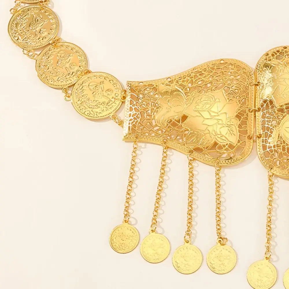 Ornate Haniya belt featuring gold coins and intricate filigree detailing