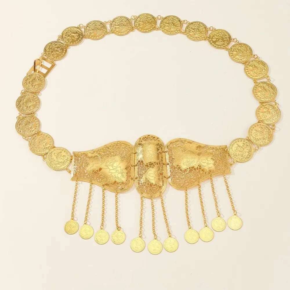 Ornate Haniya Belt with Gold Coins and Filigree Detailing featuring a gold coin belt with dangling pendants