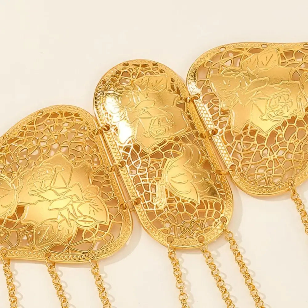 Gold-toned floral filigree jewelry featured on the Ornate Haniya Belt with Gold Coins