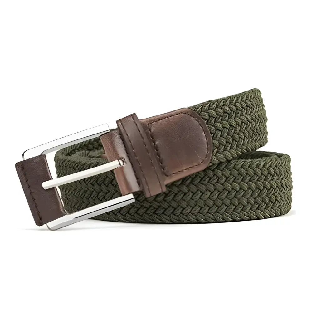 Oscar Model elastic braided belt with olive green and brown leather accents and silver buckle
