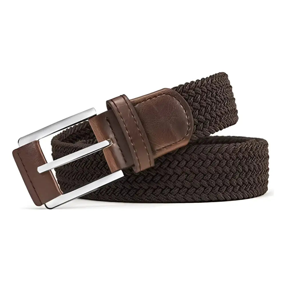 Oscar Model elastic braided belt in brown with silver buckle and leather accents