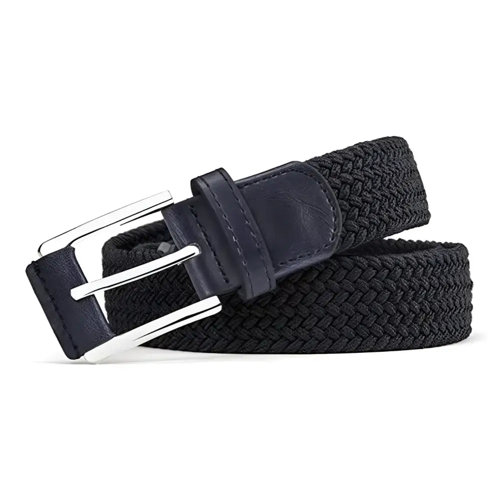 Oscar Model elastic braided black belt with silver buckle and leather accents