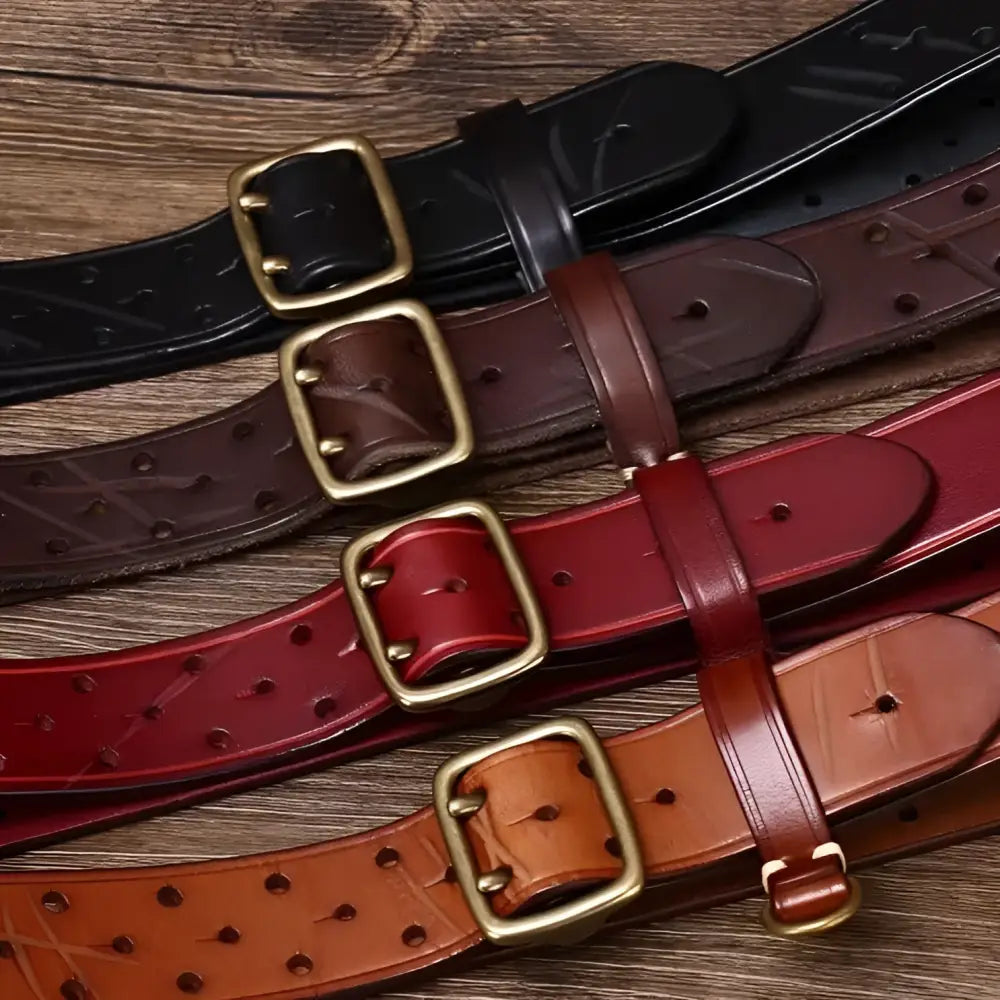 Osomache leather belt with metal buckle in maroon and brown for stylish accessories
