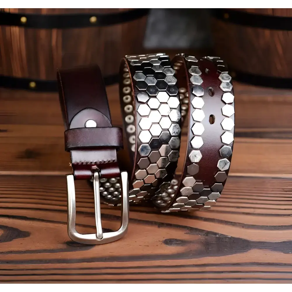 Leather studded belt with metal embellishments from Osonia Studded Belt collection
