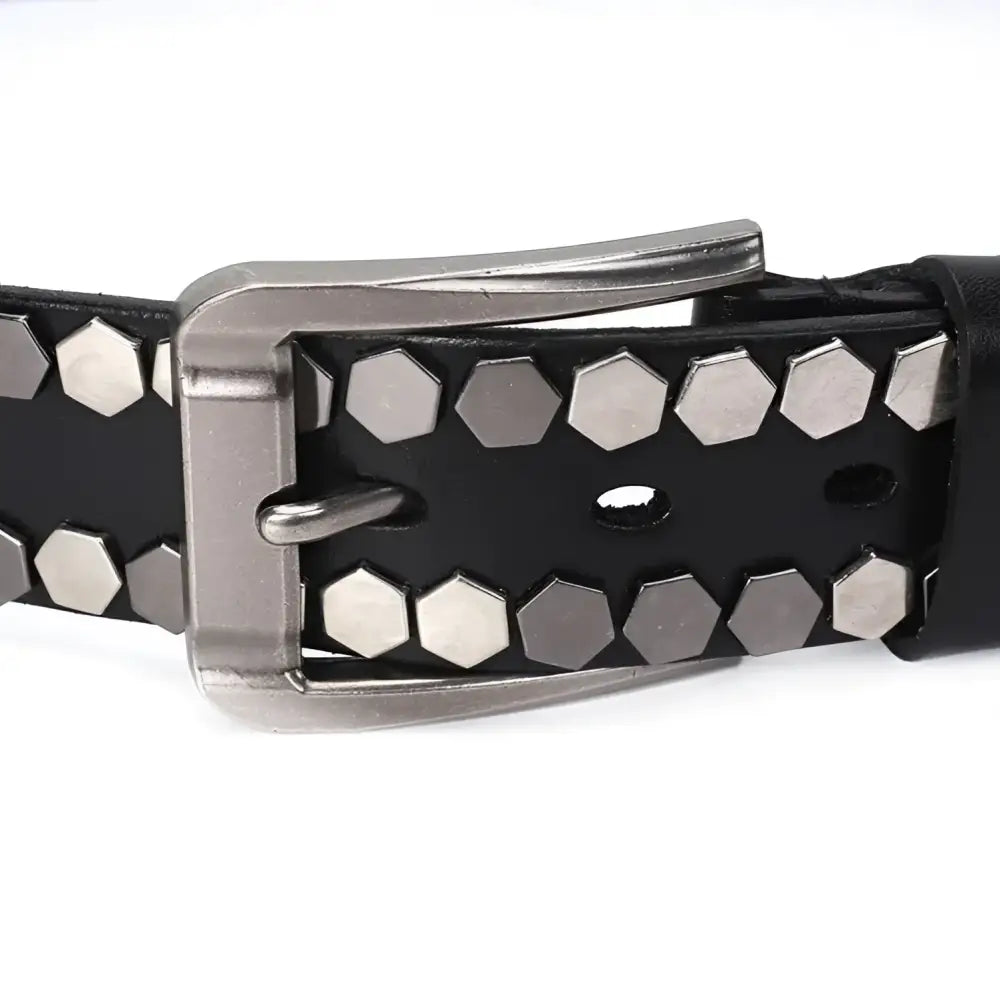 Black studded belt with metal buckle from Osonia Studded Belt collection featuring hexagon leather studs