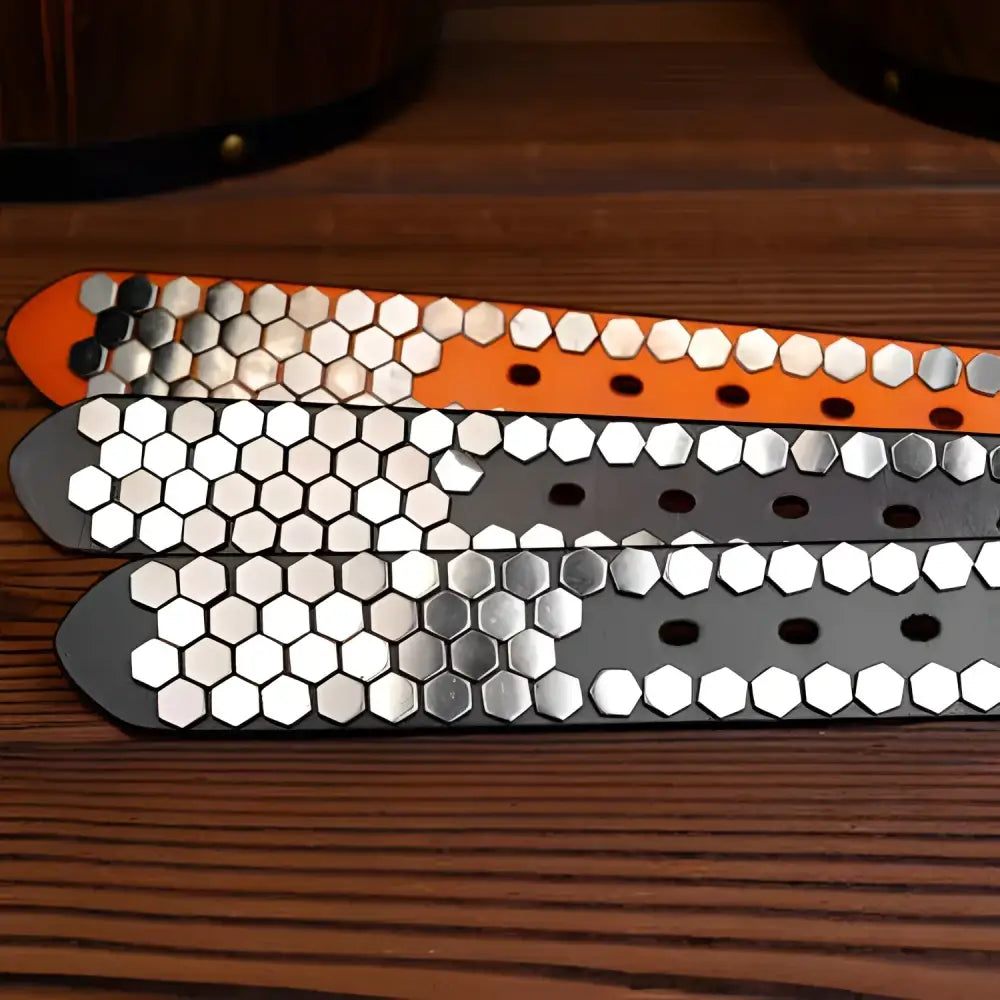 Hexagon-studded leather wristbands from Osonia Studded Belt collection for a stylish look