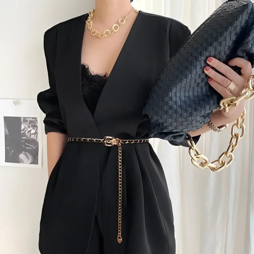PrayOppé Model Black Blazer with Gold Chain Belt and Baseball Cap close-up