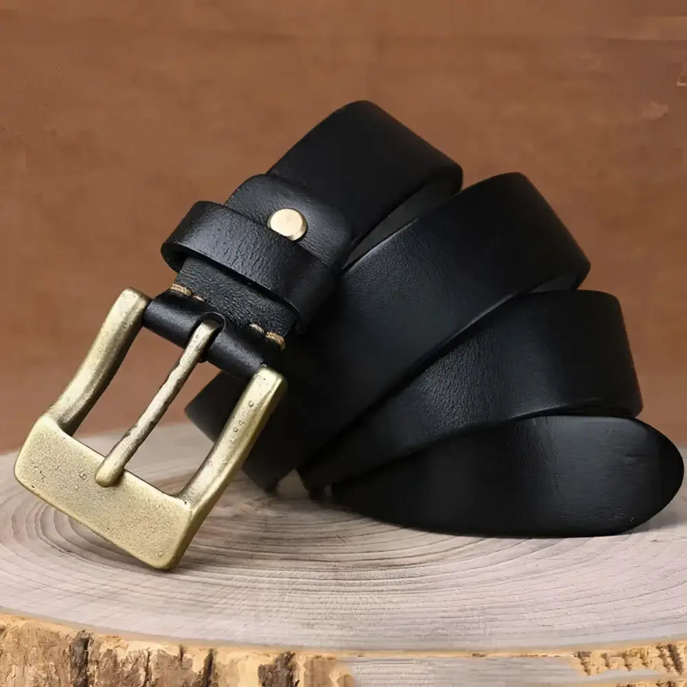 Black leather belt with brass buckle from Ramthia Men’s Leather Belts collection
