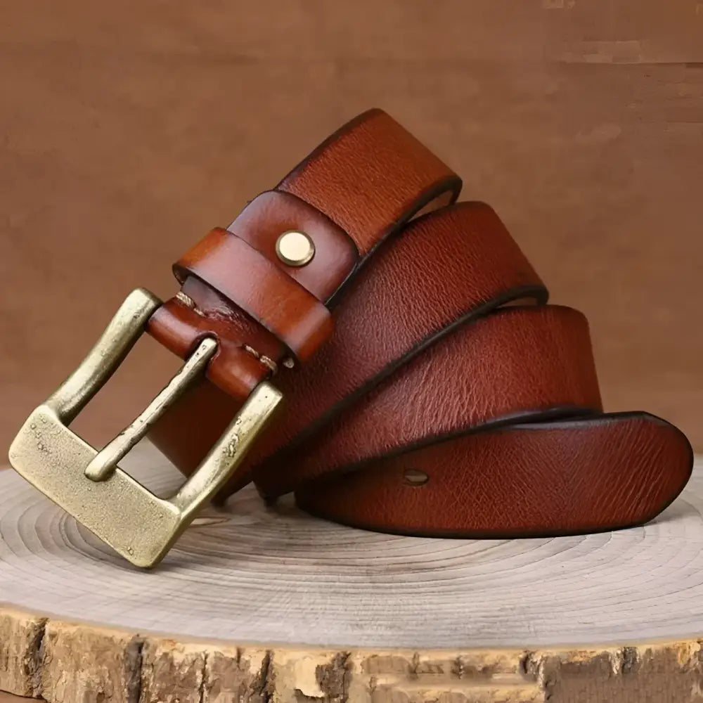 Brown leather belt with brass buckle from Ramthia Men’s Leather collection