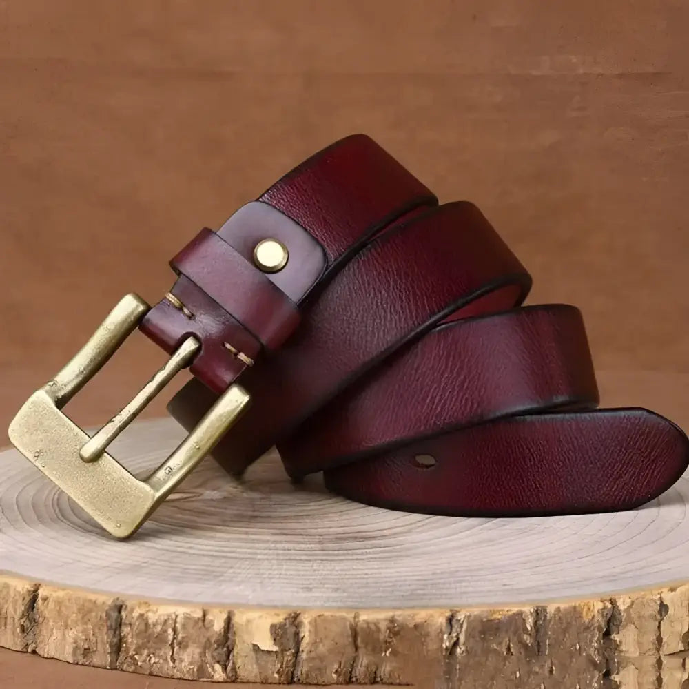 Maroon Ramthia men’s leather belt with brass buckle for stylish men’s accessories