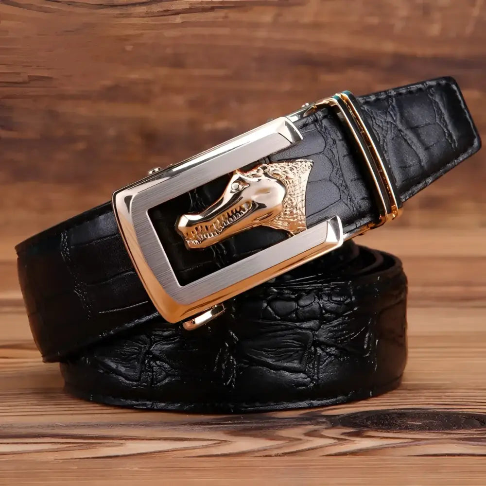 Ravil Belt set featuring black crocodile-patterned leather belt with alligator head buckle