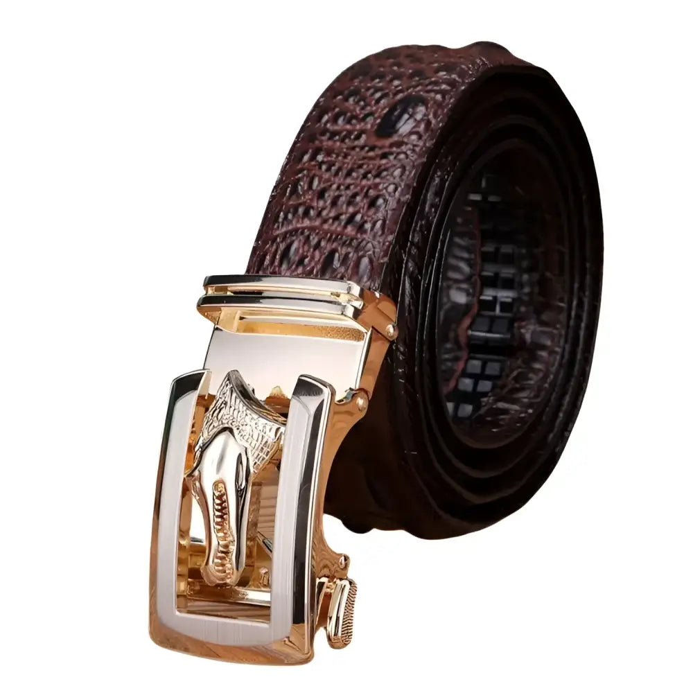 Ravil belt set featuring brown crocodile-patterned leather belt with silver and gold horse-head buckle