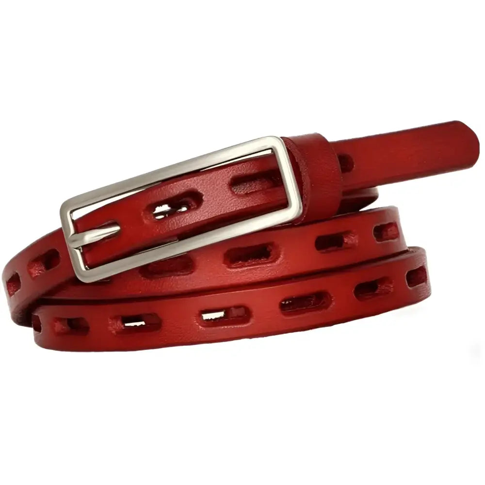 Red genuine leather belt with silver buckle for elegant style and sophistication