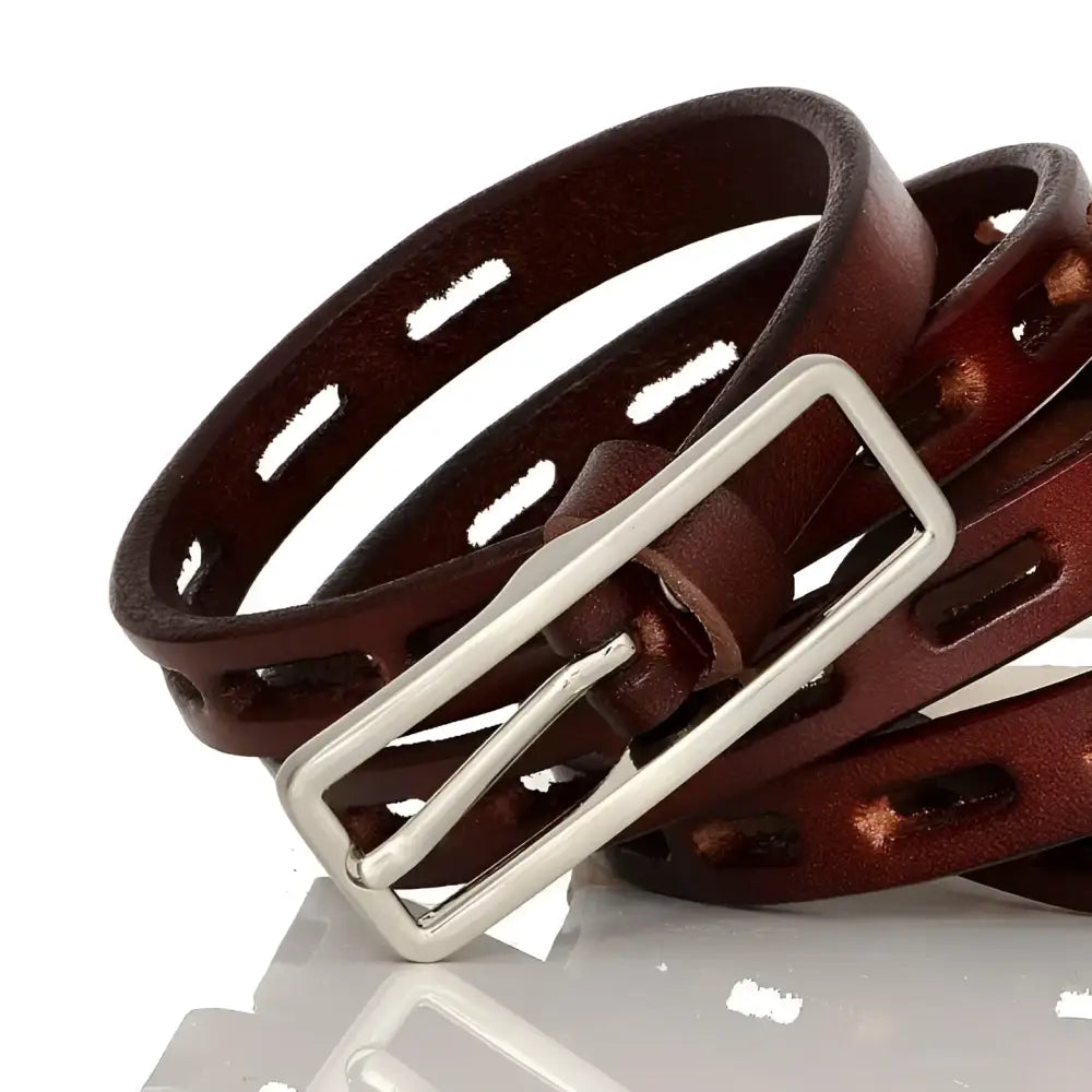 Brown leather belt with silver buckle made from genuine leather for elegant style