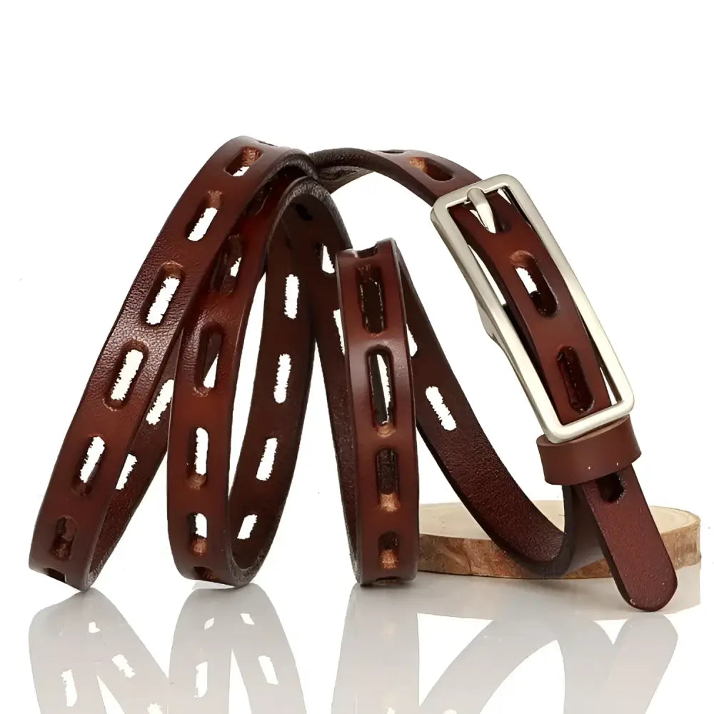 Brown leather belt with rectangular cutouts in genuine leather for elegant style