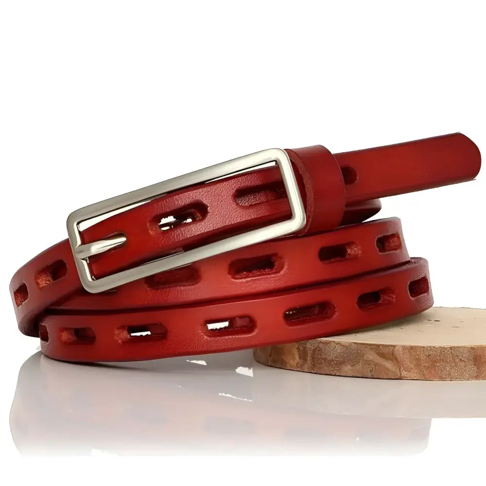 Red genuine leather belt with silver buckle for elegant style and versatile fashion