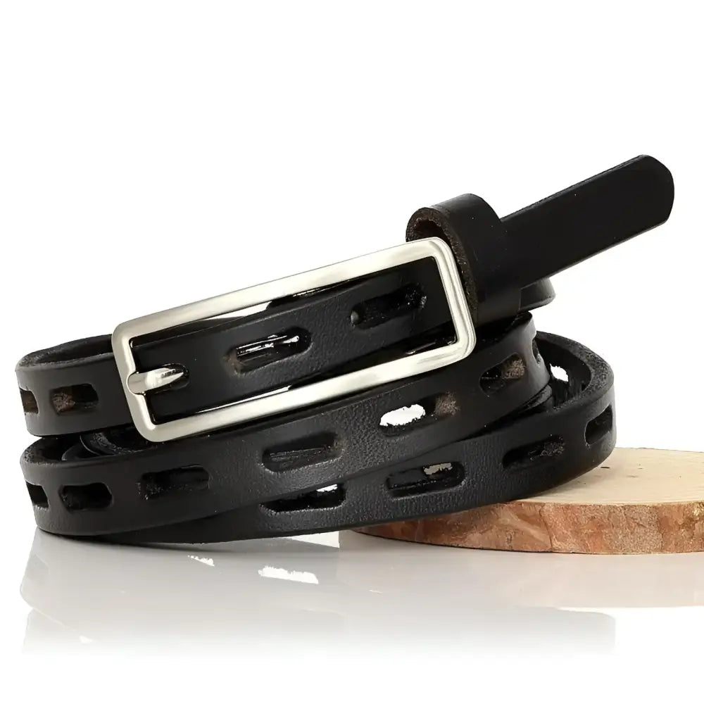 Black leather belt with silver buckle made of genuine leather for elegant style