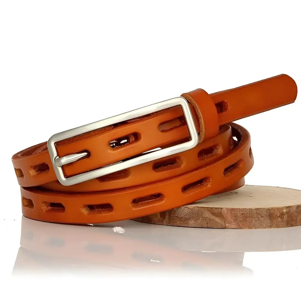 Orange genuine leather belt with silver buckle for elegant style and refined appearance