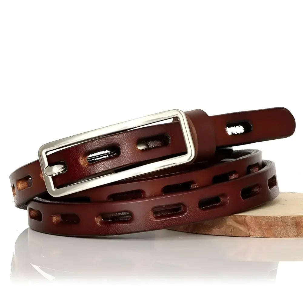 Brown leather belt with silver buckle made of genuine leather for elegant style