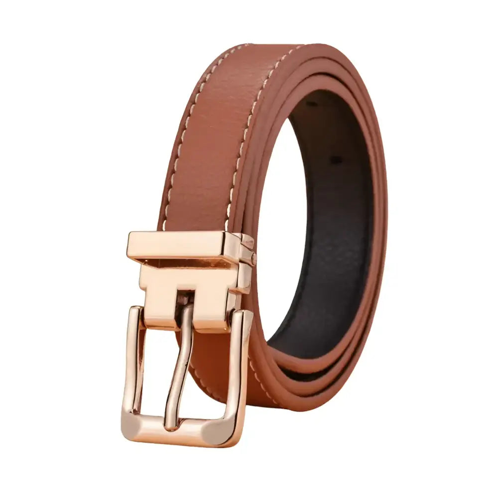 Brown leather children’s belt with gold buckle for kids, stylish and adjustable accessory