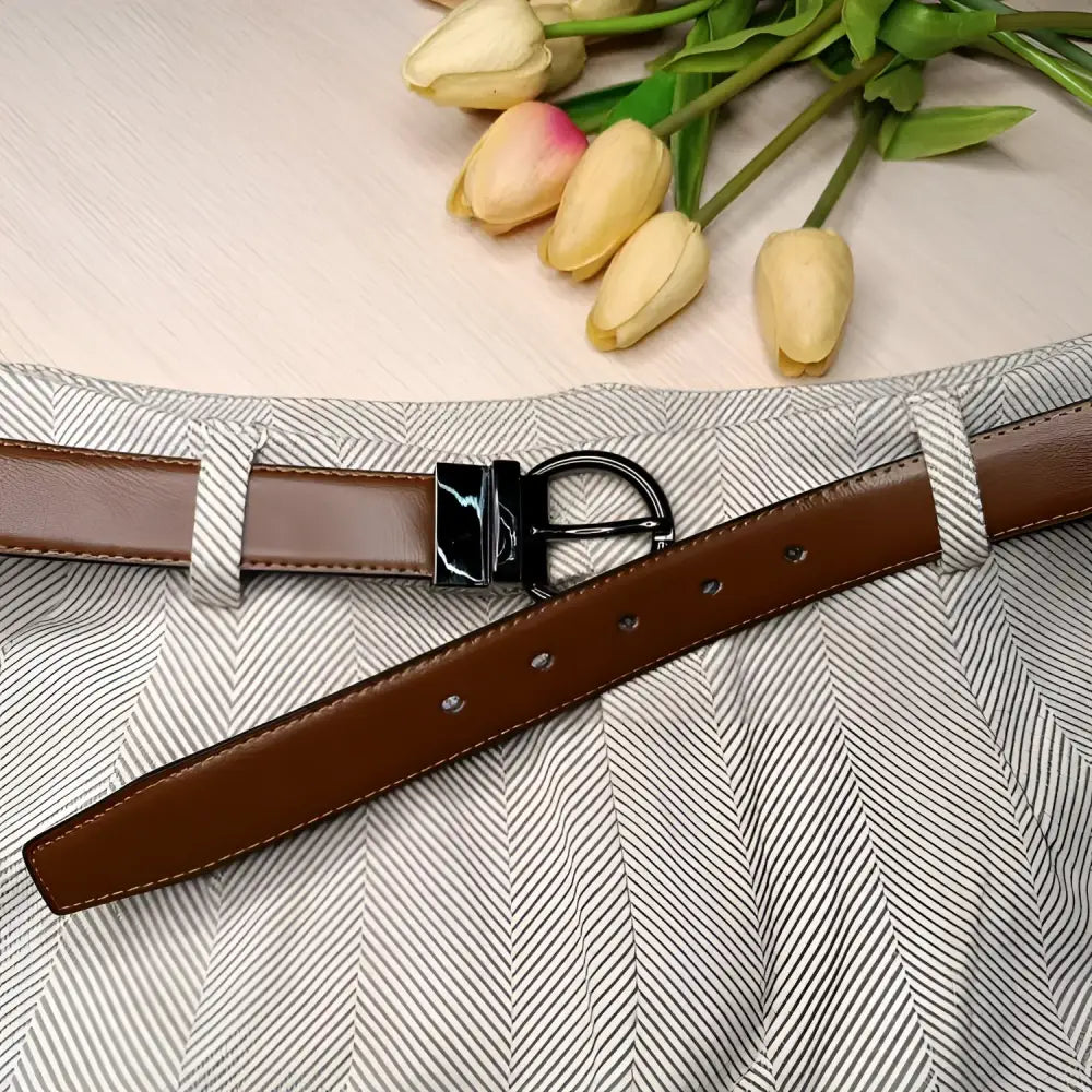 Brown leather belt with black circular buckle from Reversible Leather Belt collection