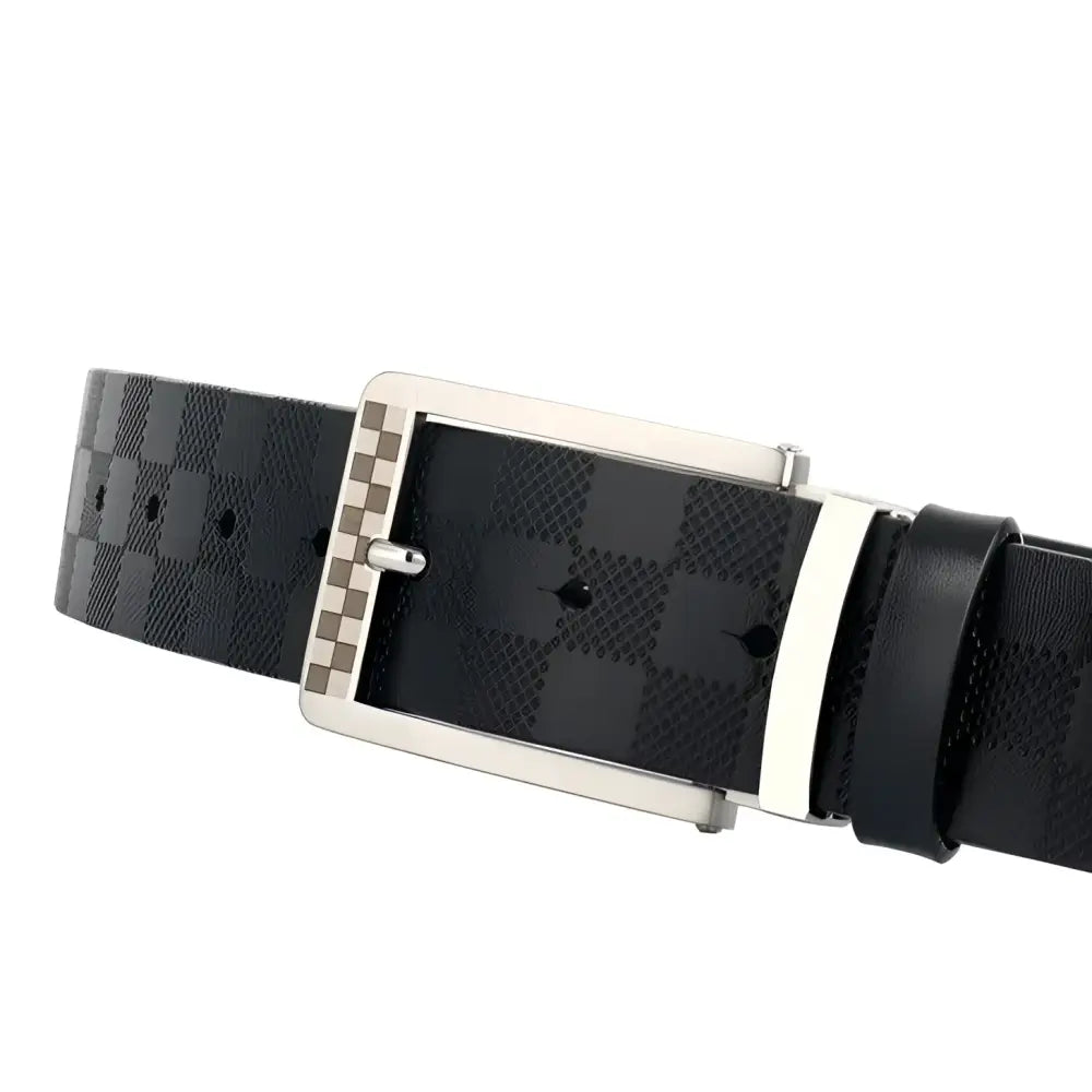 Reversible suit belt with black checkered leather design and silver buckle