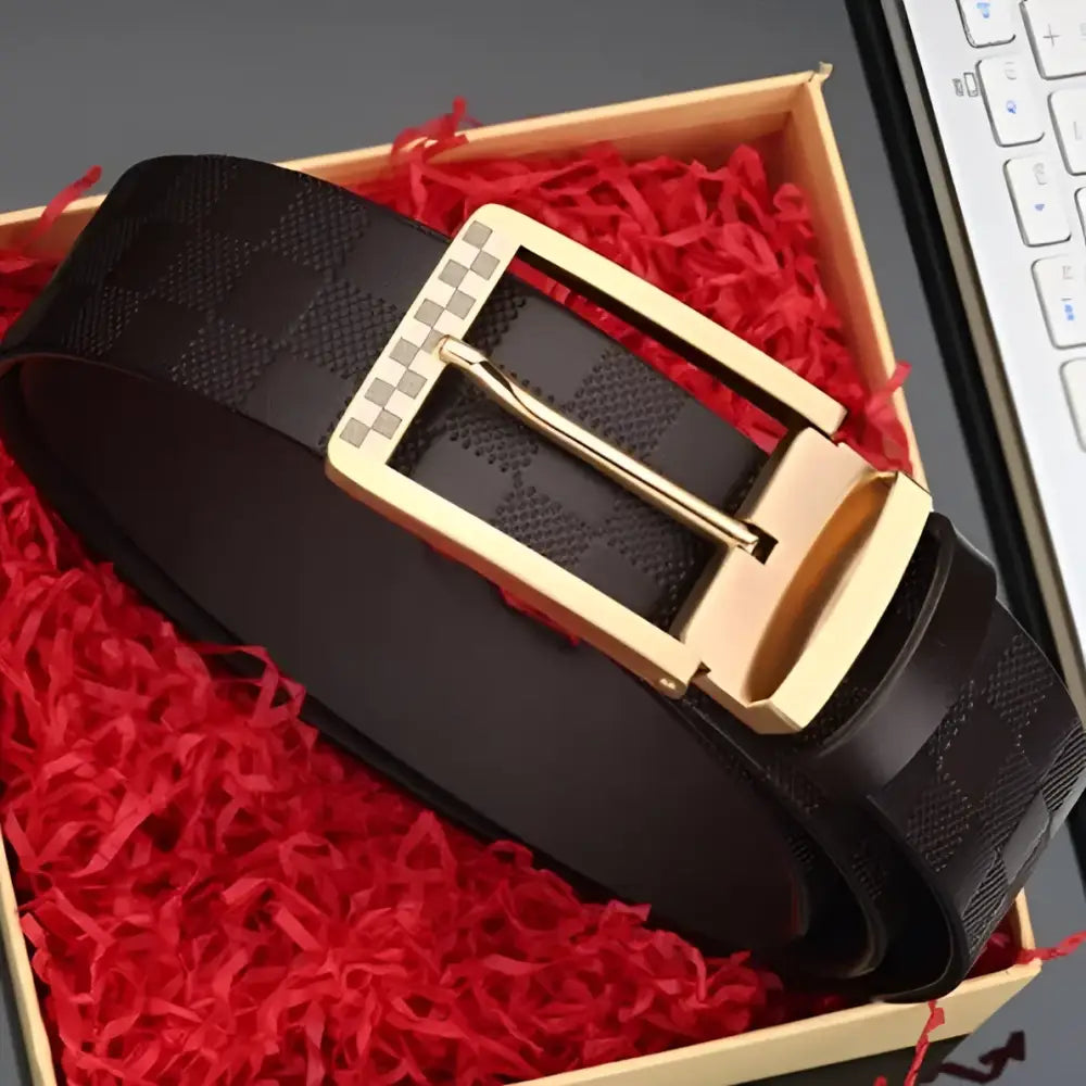 Brown checkered leather suit belt with gold buckle for formal occasions