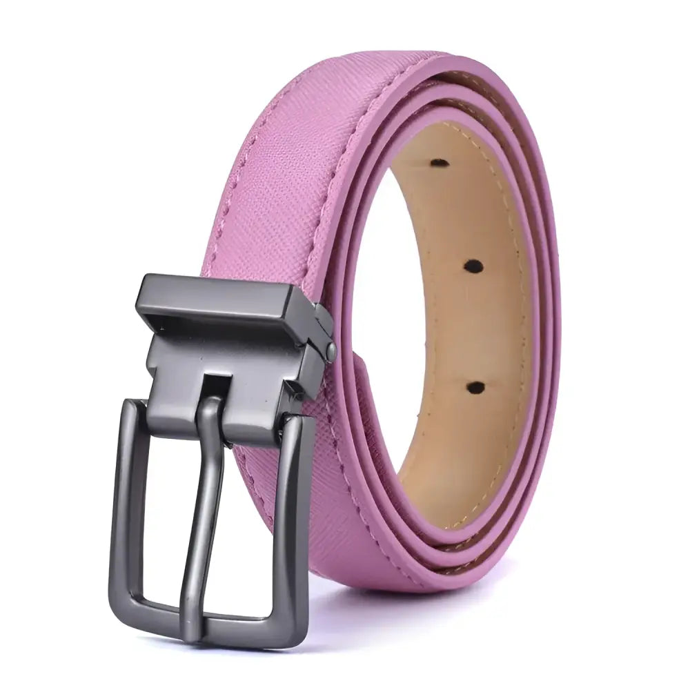Pink vegan leather belt with metal buckle and crocodile pattern for reversible style