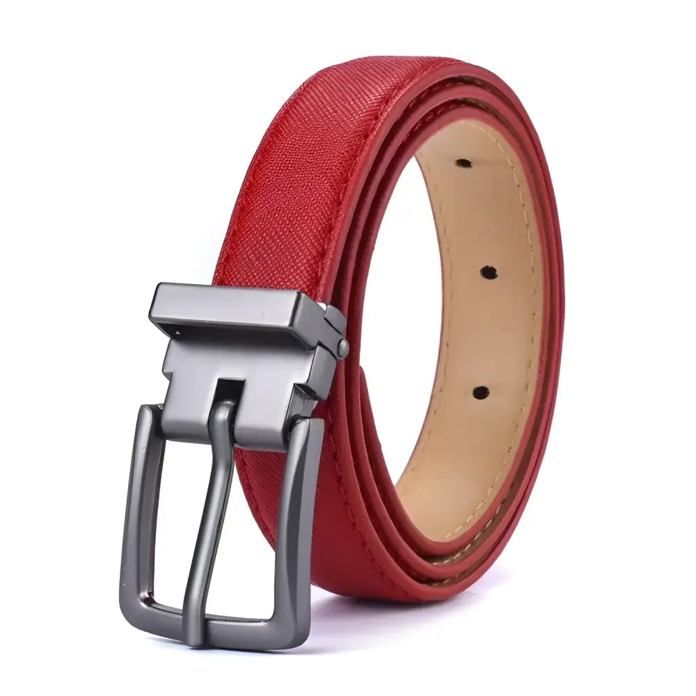 Red vegan leather belt with metal buckle and crocodile pattern for stylish accessories