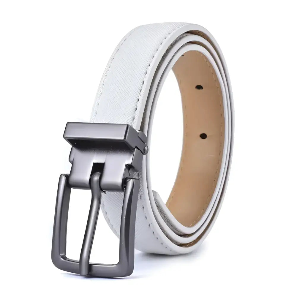 White vegan leather belt with gray metal buckle and crocodile pattern detail