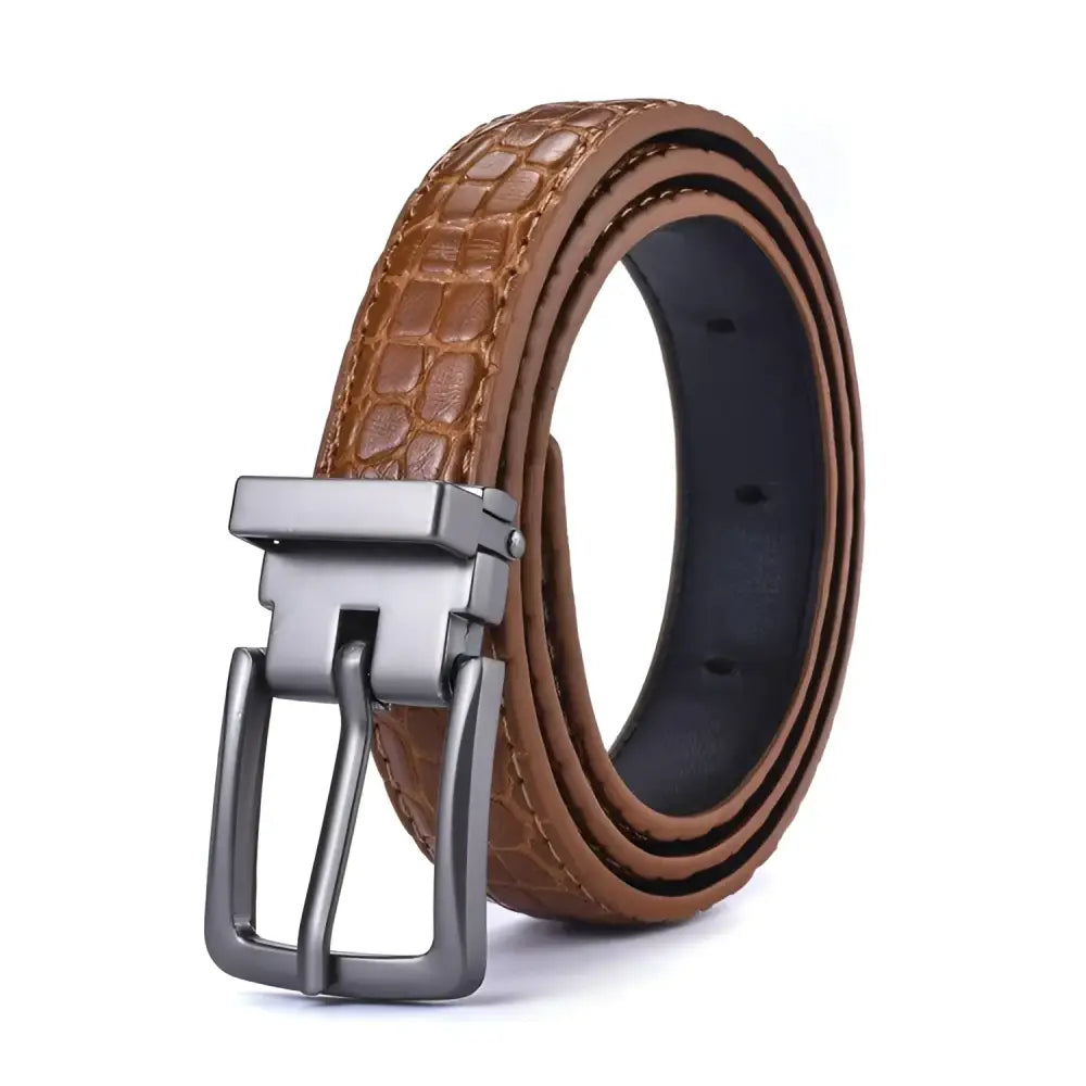 Reversible vegan leather belt with crocodile pattern and metal buckle for stylish wear