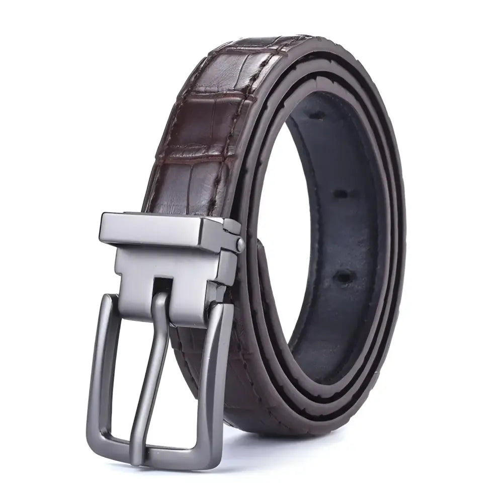 Reversible vegan leather belt with metal buckle and crocodile pattern for men and women