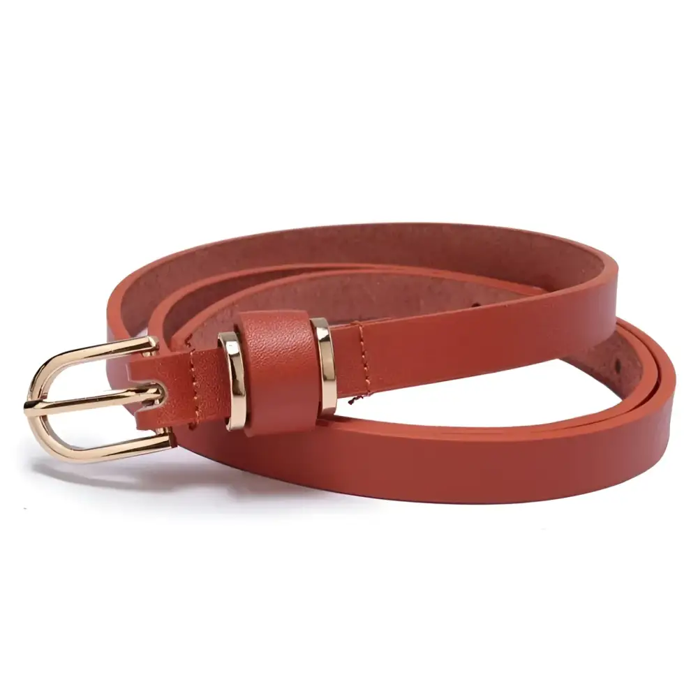 Roxane Leather Belt with Gold Buckle complements Ribbed Beige Choker-Neck Sweater