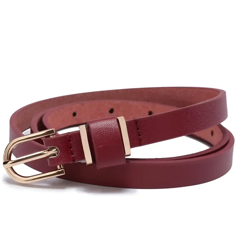 Burgundy Roxane Leather Belt with gold buckle complements Ribbed Beige Choker-Neck Sweater