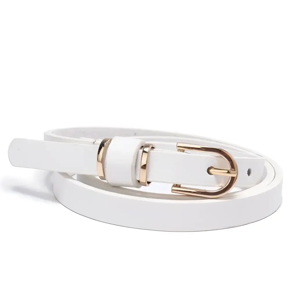 White leather belt with gold buckle from Roxane Leather for matching ribbed beige sweater