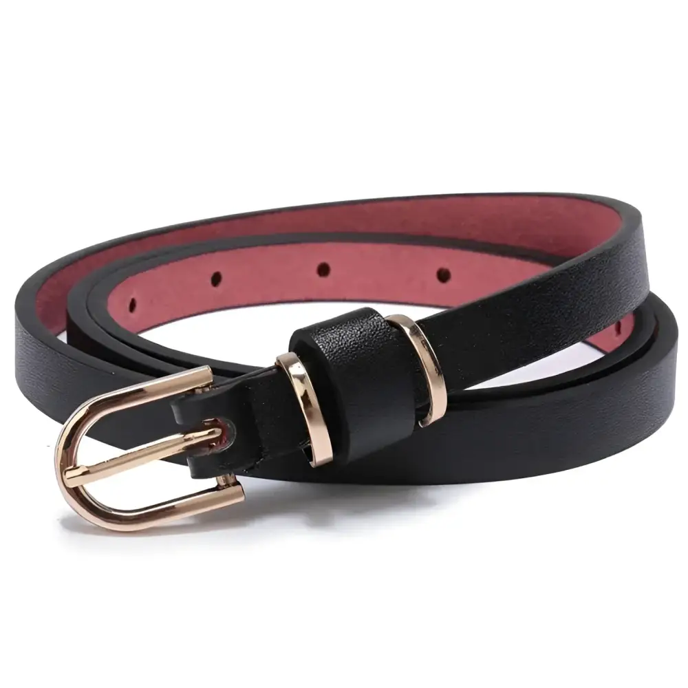 Roxane leather belt with gold buckle complementing ribbed beige choker-neck sweater