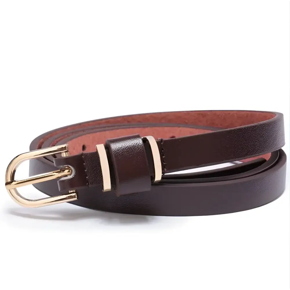 Roxane Leather Belt with Gold Buckle complements Ribbed Beige Choker-Neck Sweater
