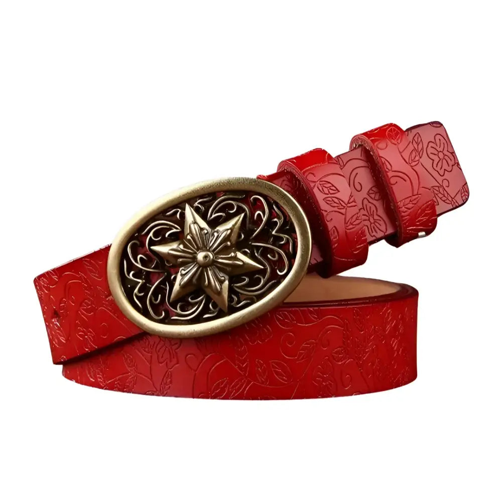 Red leather belt with floral pattern and ornate gold star buckle from Sanaa Leather Belt collection