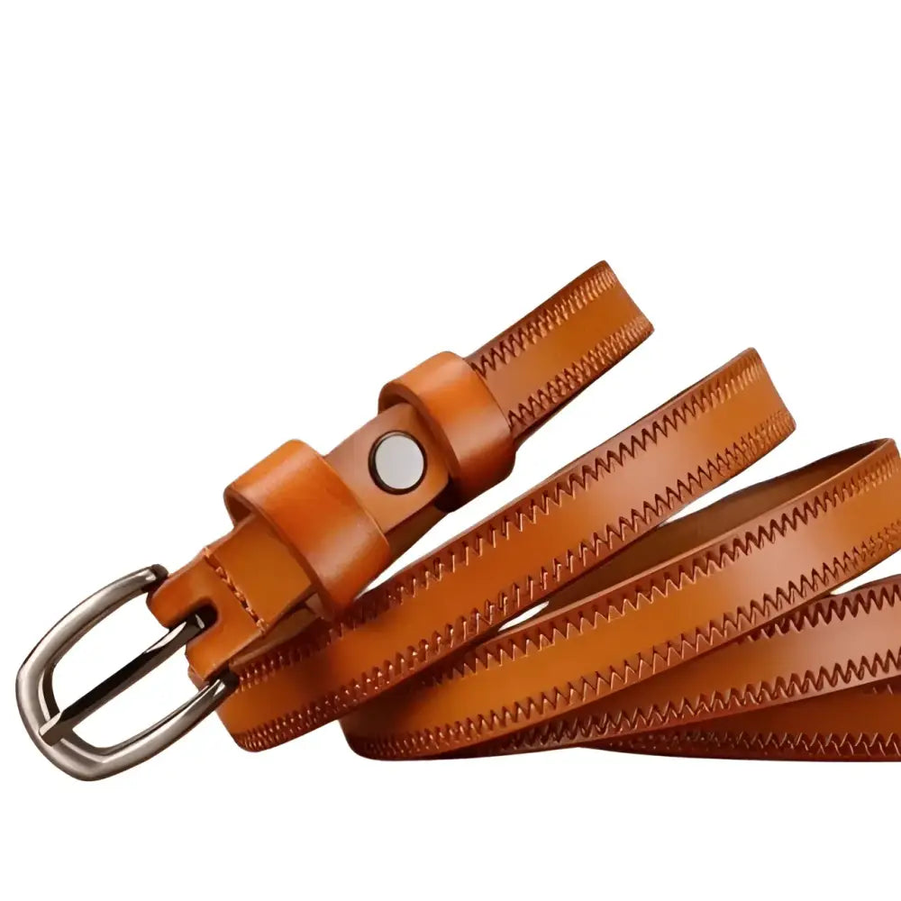 Seianthi Belt with brown leather and silver buckle featuring zigzag stitching