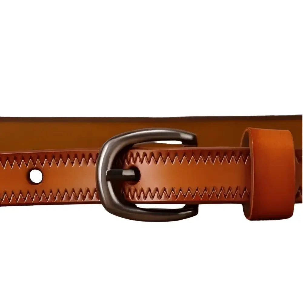 Seianthi belt featuring brown leather with metal buckle and zigzag stitching