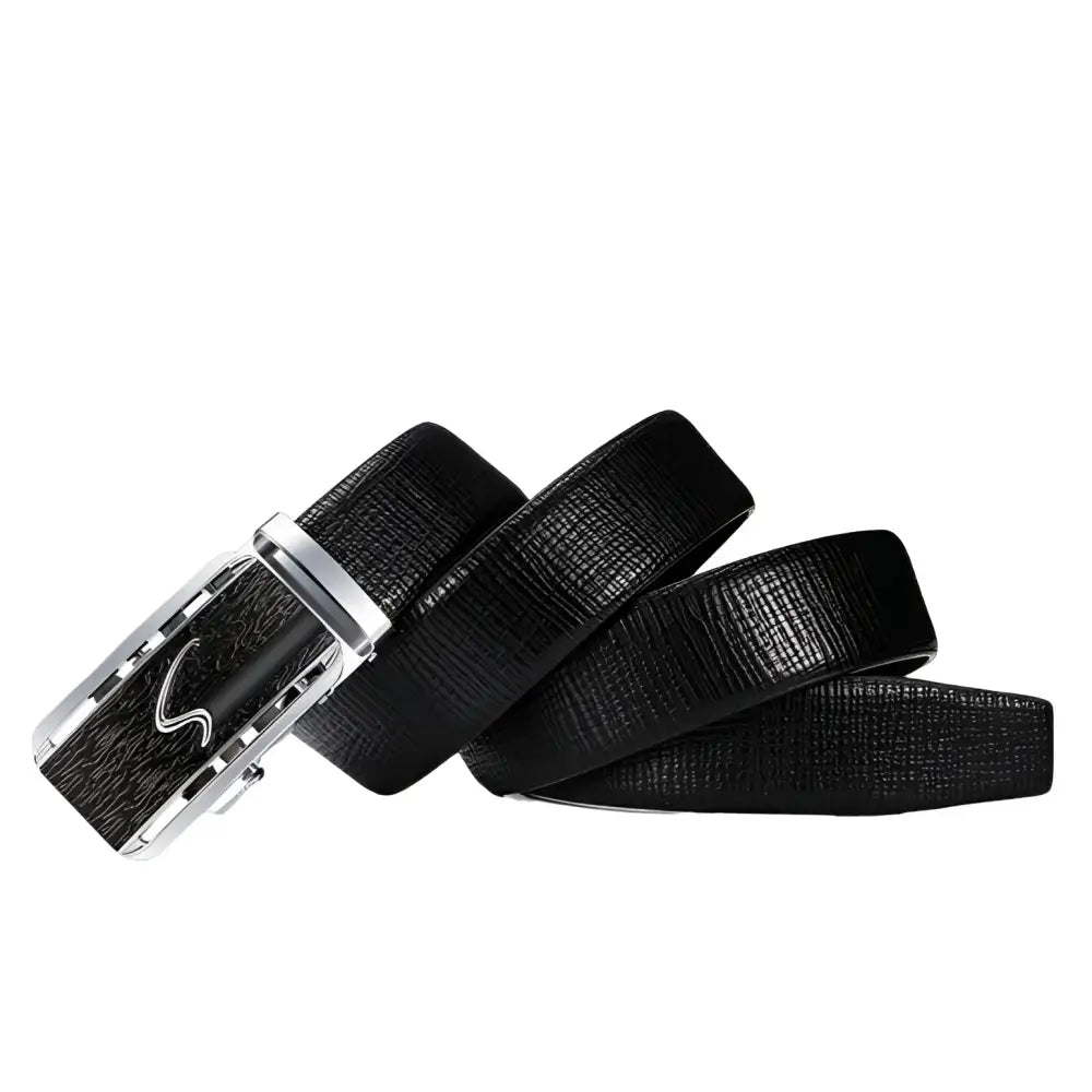 Black leather belt with silver buckle from Serrano Belt Set featuring ratchet design