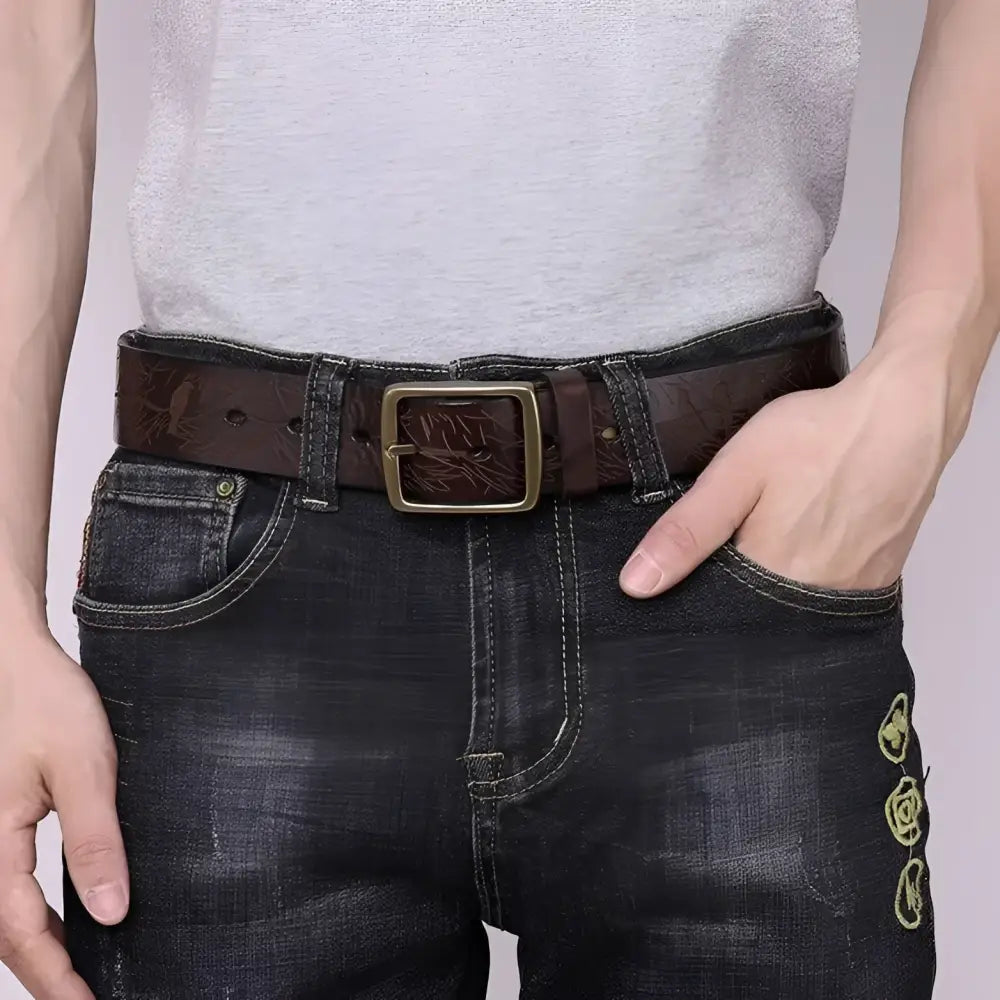 Brown leather belt with square brass buckle from Set of Four Leather Belts collection