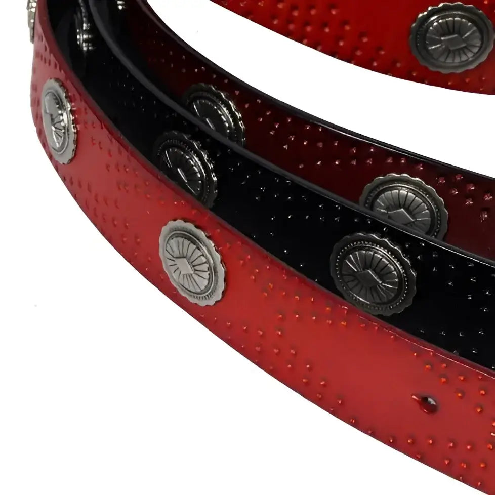 Red and black studded shima belt set with oval buckles in brown and burgundy