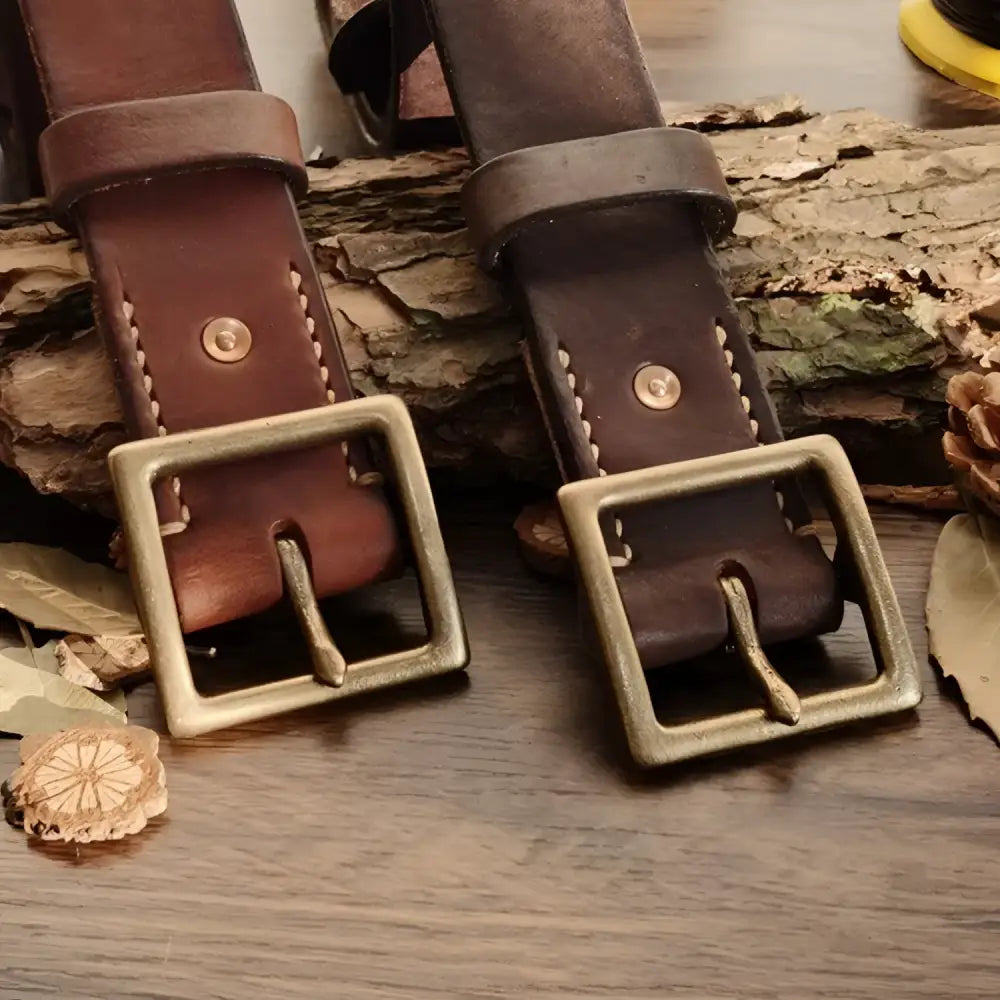 Set of two brown leather belts with brass buckles displayed for stylish menswear