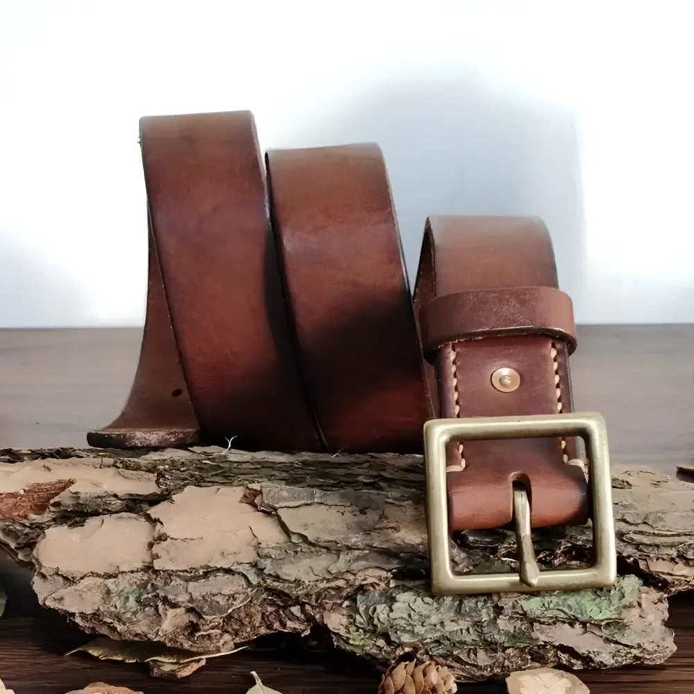 Set of two brown leather belts with brass buckles displayed for stylish men’s accessories