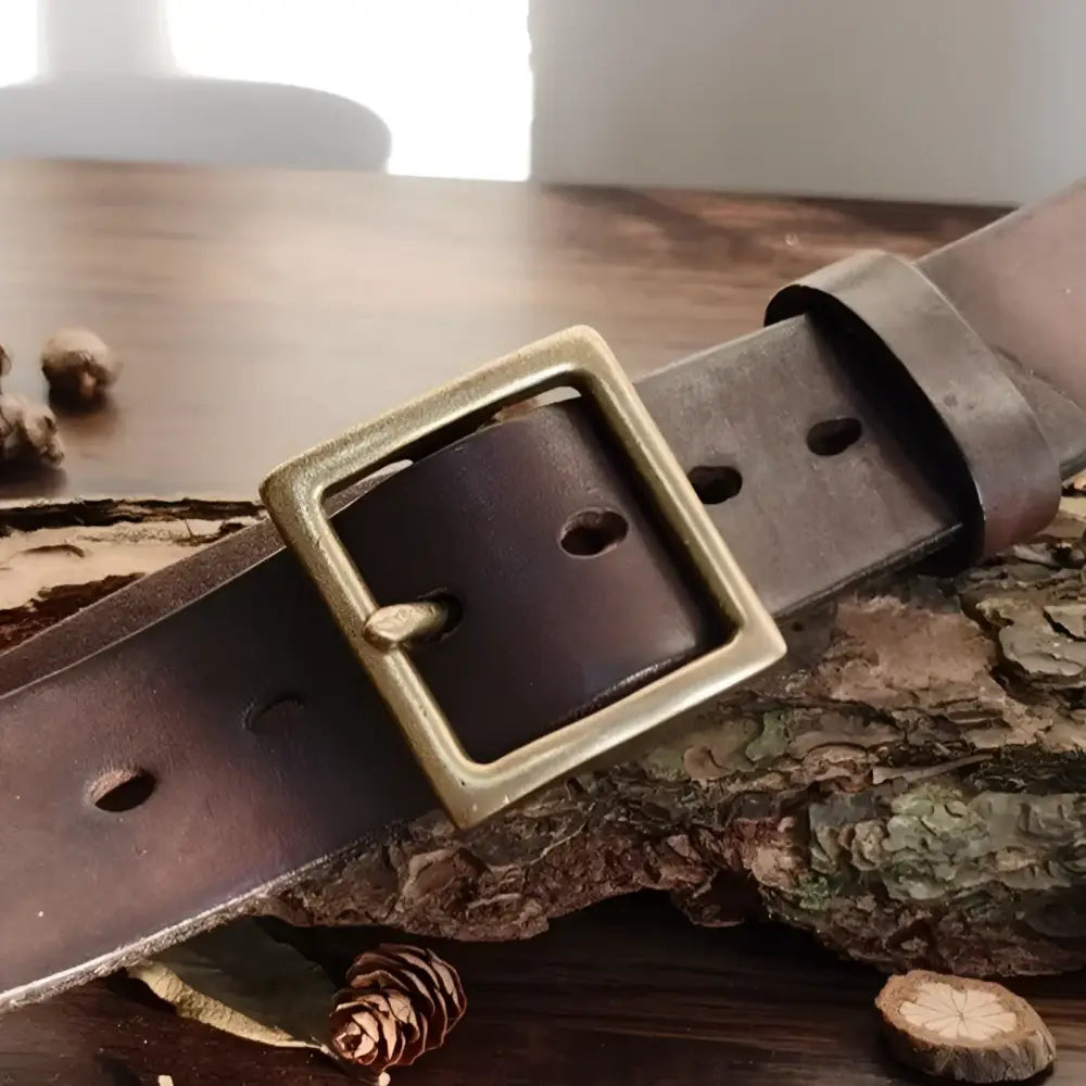 Set of two brown leather belts with brass buckles displayed on a white background