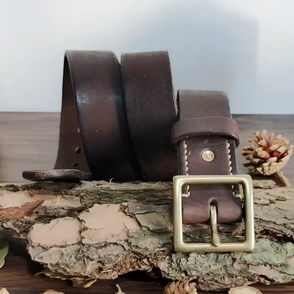 Set of two brown leather belts with brass buckles displayed product image