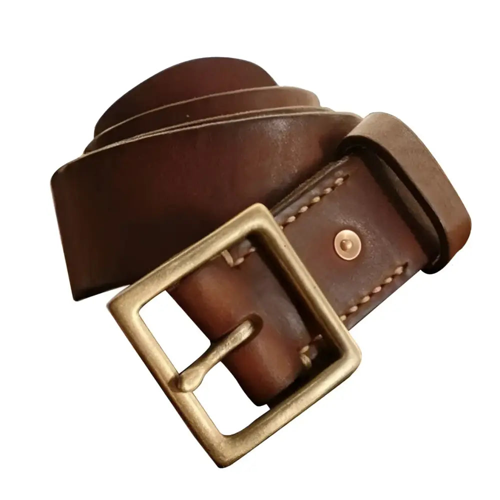 Set of two brown leather belts with brass buckles suitable for stylish men and women