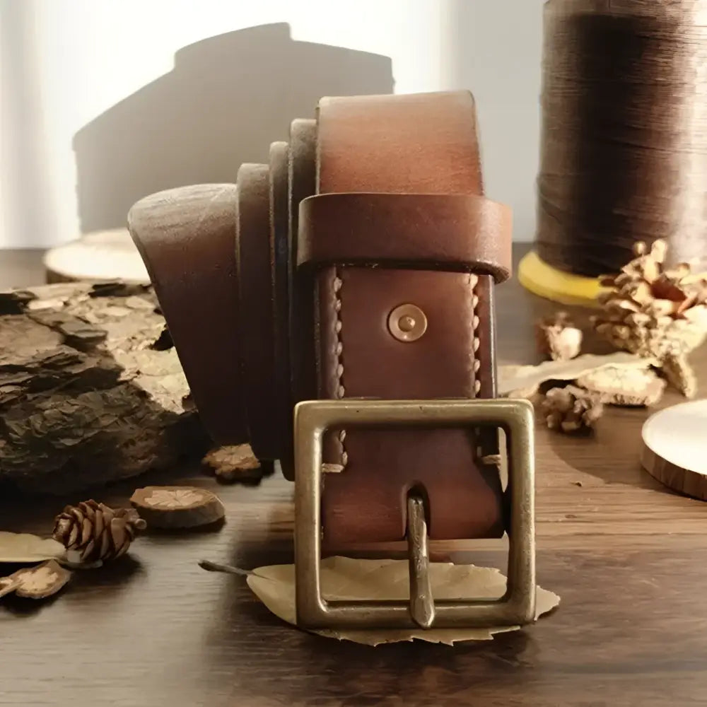 Set of two brown leather belts with brass buckles for stylish accessory options